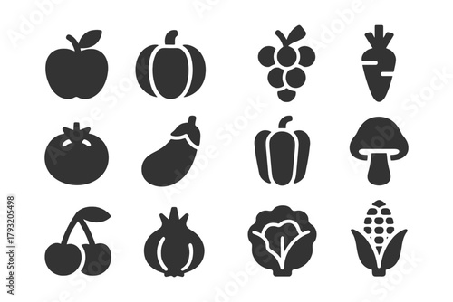 Fruit and vegetable icon set including apple pumpkin grapes carrot tomato and more.