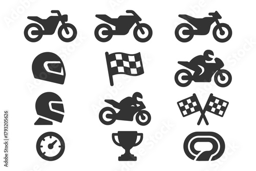 Motorcycle icons set: helmets, racers, trophies, flags, tracks, speedometers.