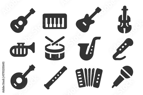Collection of musical instrument icons including guitar, drum, and keyboard.