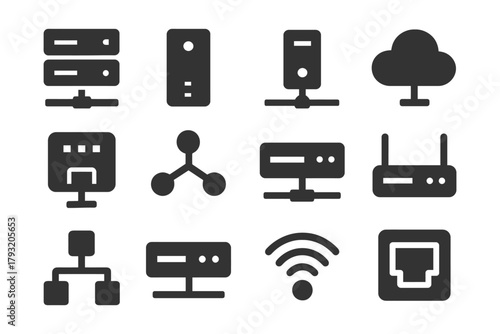 Network icon set featuring server, cloud, router, and wi-fi symbols.