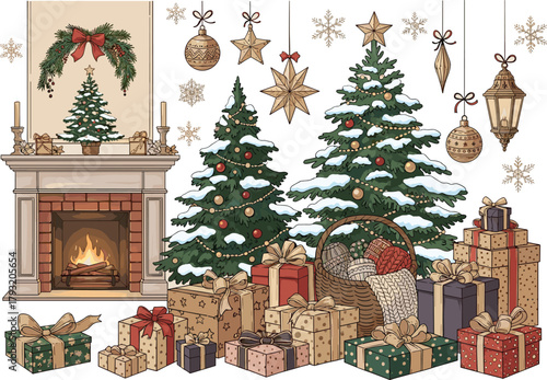 Detailed Hand Drawn Christmas Scene Vector with Decorated Fireplace Mantel, Snow-Covered Pine Trees, Hanging Ornaments, and a Large Pile of Wrapped Holiday Gifts and Presents.