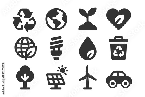 Eco-friendly icons: recycling, renewable energy, nature conservation symbols.