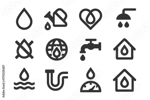 Water conservation icons collection: drops, taps, pipes, and showers.