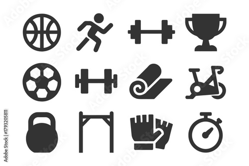 Sport equipment icons: basketball, running, weightlifting, trophy, soccer, yoga, cycling.