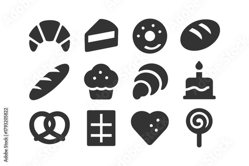 Various icon set featuring bread, cake, and pastry silhouettes.