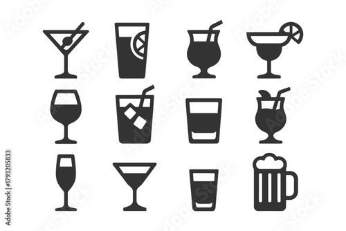 Collection of various drink silhouettes including cocktails, beer, and wine glasses.
