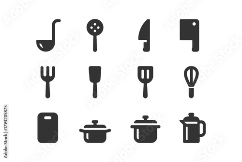 Kitchen utensil icons collection featuring ladle whisk knife and pots.