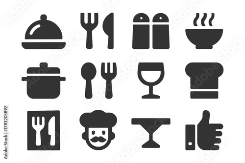 Kitchen utensils and dining icons: fork, knife, spoon, chef hat, wine glass, salt shaker.