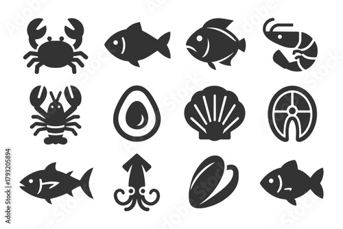 Silhouette icons of seafood: fish, shellfish, crab, lobster, shrimp, squid, oyster.