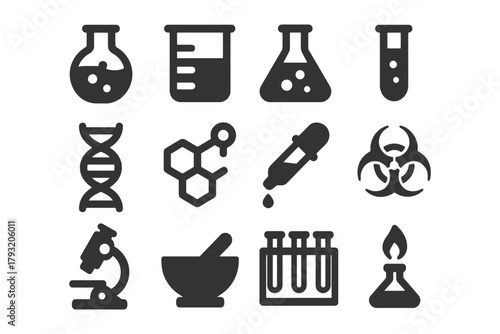 Science icons featuring lab equipment, dna, and biohazard symbols.