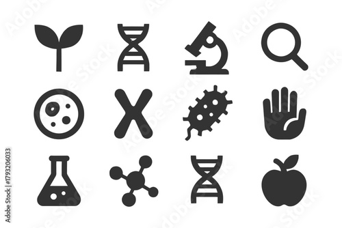 Science icons set: dna, microscope, bacteria, molecule, apple, flask, hand.