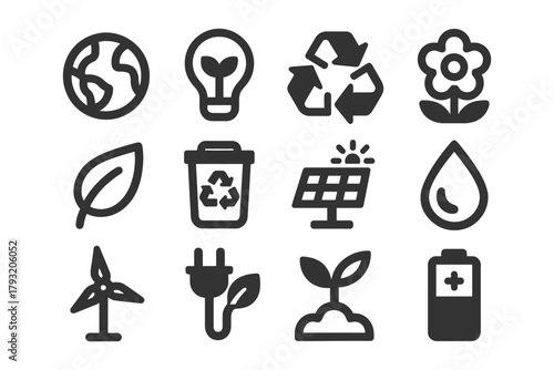 Eco-friendly icons: renewable energy, recycling, nature conservation symbols.