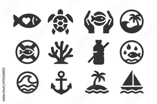 Ocean conservation icons: fish, turtle, coral, recycling, island, sailboat.