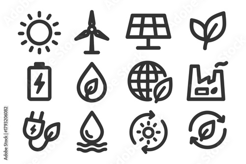 Sustainable energy symbols: solar, wind, leaf, battery, plug, recycling icons.