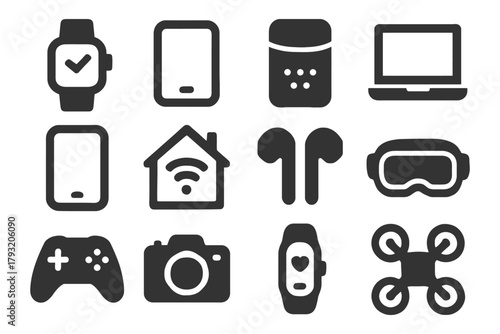Set of modern technology icons: watch, phone, laptop, game controller, camera, drone, earbuds.