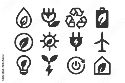 Renewable energy icons set: sustainable power and eco-friendly solutions.