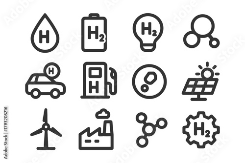 Hydrogen energy icons set featuring fuel cells, solar panels, and wind turbine.