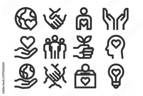 Set of humanitarian and environmental icons: heart, earth, hands, people, tree, lightbulb.