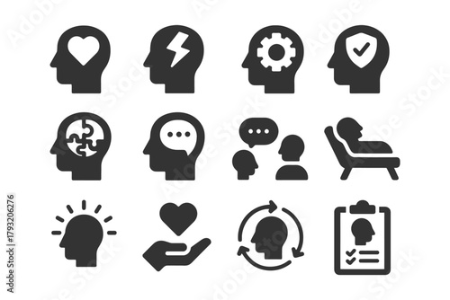 Mental health icons: therapy, wellbeing, support symbols for awareness.