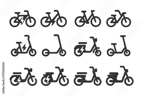 Various bicycle and scooter icons: electric and traditional designs.