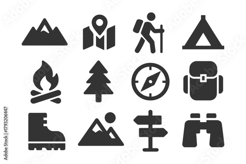 Outdoor adventure icons: hiking, camping, and exploration essentials.