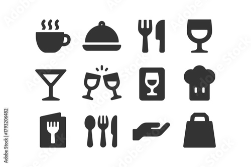 Set of dining and beverage icons including utensils, drinks, and food symbols.
