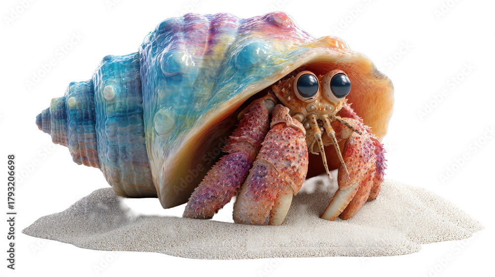 Fototapeta premium A colorful hermit crab emerging from its shell on the sand. or transparent background