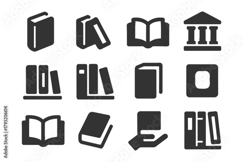 Collection of book and library icons: education, literature, reading, study, learning.