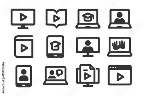 E-learning icons: digital education tools for online courses and virtual classrooms.