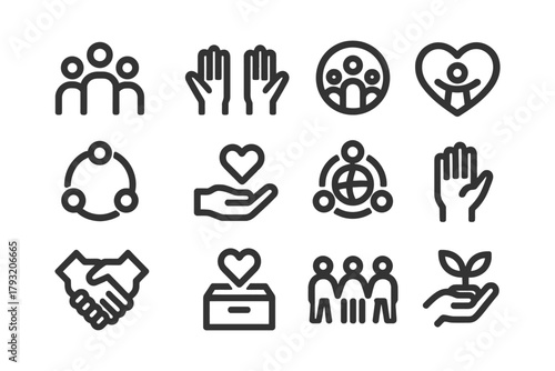 Community icons set: hands, hearts, teamwork, support, growth.
