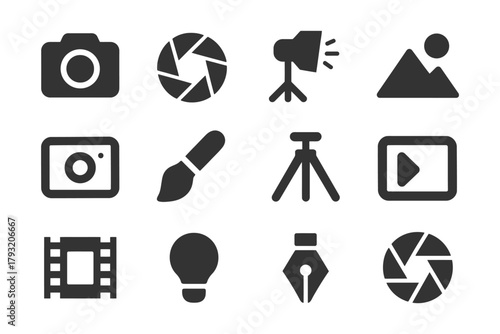 Camera and photography icons: shutter, tripod, studio light, and more.