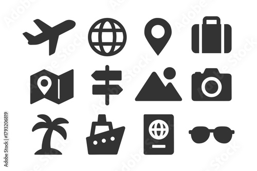 Travel icons set: airplane, globe, map, ship, luggage, camera, passport, sunglasses.