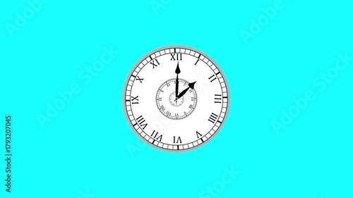 Moving 12-hour roman clock animation loop. roman wall clock with Latin numeral. Stopwatch leaves quickly. Looped video.
