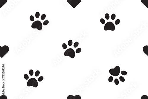 Black Paw Prints and Tiny Hearts Seamless Pattern on White Background for Pet Lovers