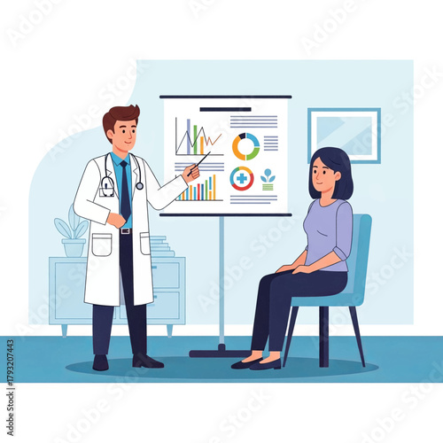 Male doctor in a white coat explaining medical results on a presentation chart to a female patient in a clinic.