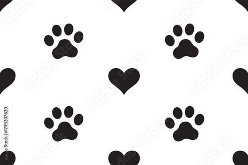 Cute Paw Prints with Hearts Seamless Pattern in Black and White Pet Lover Design