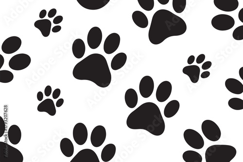 Cute Paw Prints with Hearts Seamless Pattern in Black and White Pet Lover Design