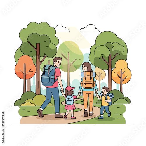 Family hiking in the forest with backpacks, enjoying nature.
