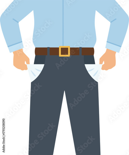 Man showing empty pockets, financial crisis flat vector illustration