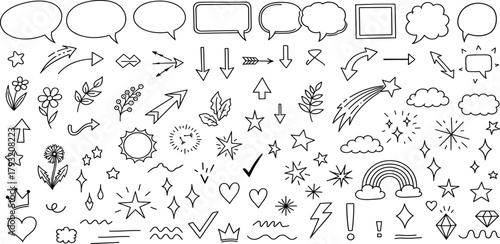 Collection of Hand-Drawn Elements Speech Bubbles, Arrows, Stars, Flowers, and Decorative Illustrations