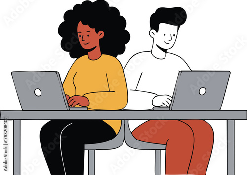 Two young people working on laptops side by side in modern office environment with casual clothing and diverse appearance 