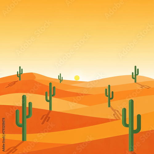 Desert landscape illustration featuring rolling sand dunes, cacti, and a bright sun in the sky.