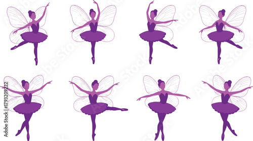 Ballerina fairy illustration, purple tutu, ballet poses, graceful movement, fantasy wings, dance elegance, magical character, artistic expression, whimsical design