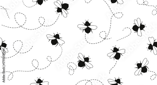 Cartoon bee pattern, whimsical flight path, flying insect design, playful motion, black and white bees, nature symbol, vector background