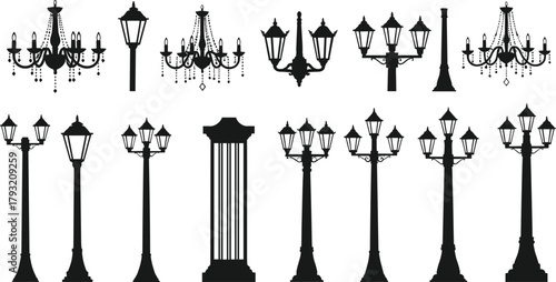 Chandelier and street lamp silhouettes, vintage lighting design, ornate fixtures, classical style, decorative elements, black icons, architectural inspiration