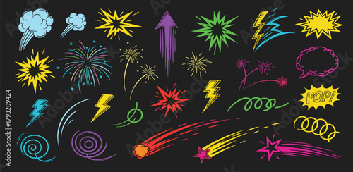 Collection of colorful comic book style explosion and energy bursts illustrations