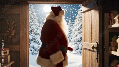 Santa Claus opening a wooden door to reveal a snowy winter wonderland at night, stepping out for a festive Christmas journey