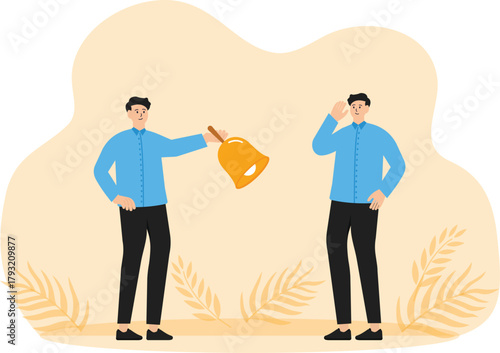 The concept of self-awareness and self-acceptance or personality, psychological state in behavior or a feeling of individuality, businessman rings a bell in a big head and awareness of his existence.
