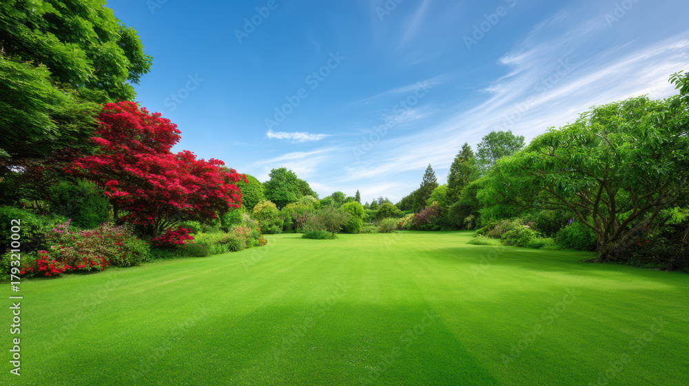 Naklejka premium Lush green lawn surrounded by vibrant trees and flowe shrubs under a bright blue sky creates a peaceful and inviting landscape in a beautiful garden setting.
