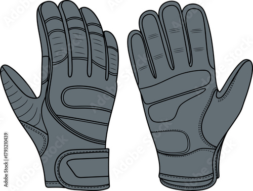 Protective gloves, fashion, vector, illustration, sketch, outline, padded, grip, palm, wrist, strap, durable, sporty, gear, design, apparel, technical, ergonomic, reinforced, secure, layout